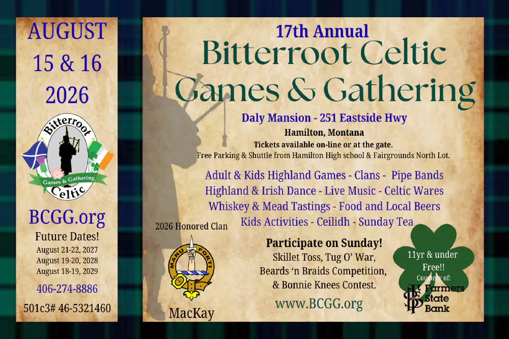 Historical poster for the 17th Bitterroot Celtic Games and Gathering, August 15–16, 2026, at Daly Mansion.