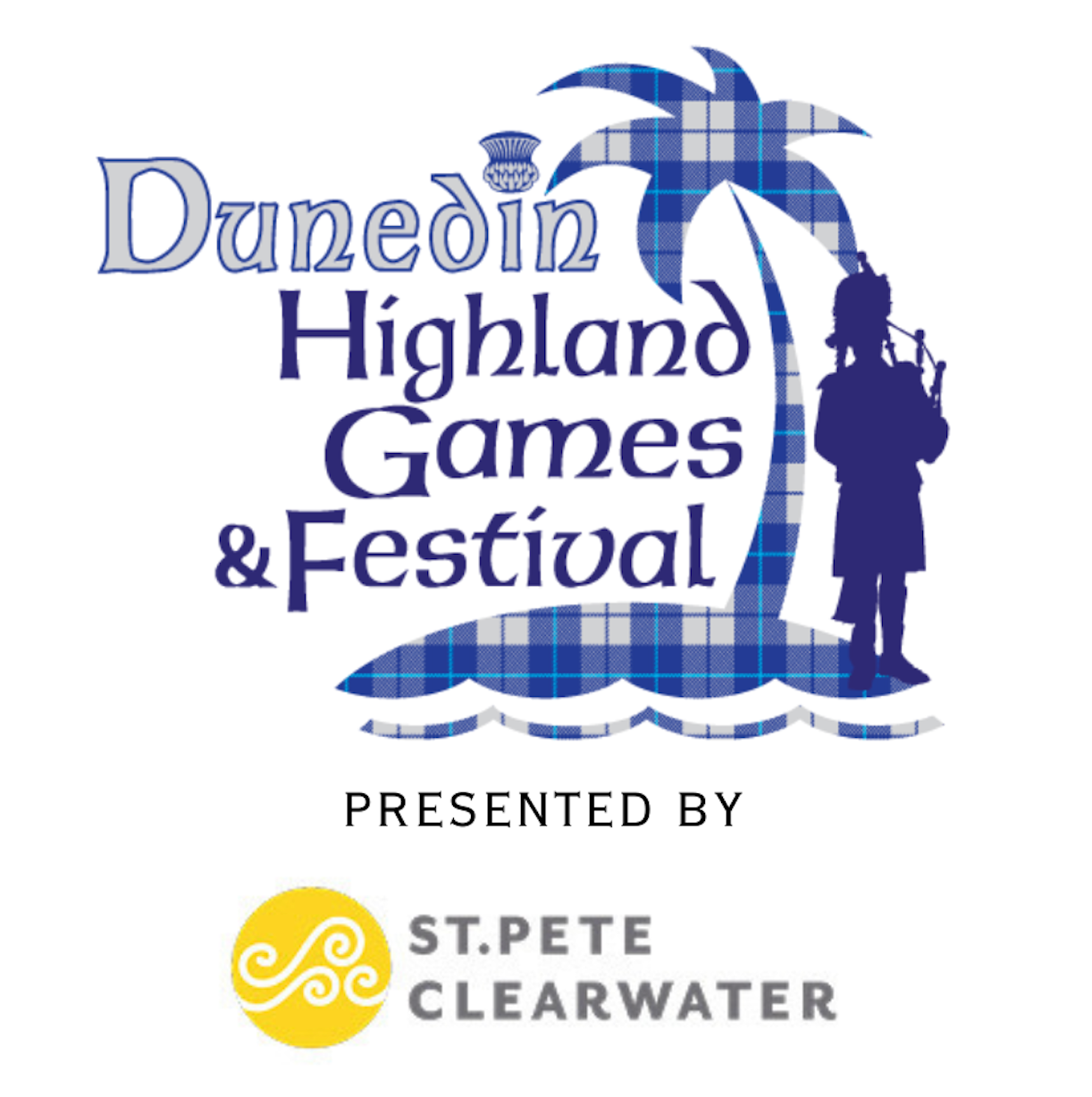 Dunedin Highland Games and Festival logo with tartan palm tree, piper, and St. Pete Clearwater sponsor mark.